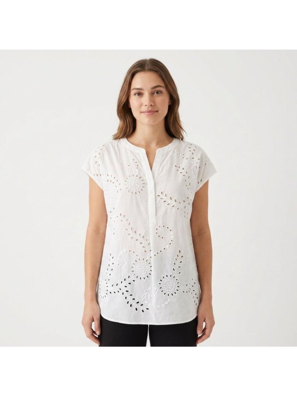 Ecru White Cotton Silk Eyelet Top Women Size XS Short Sleeve Cottagecore Coastal